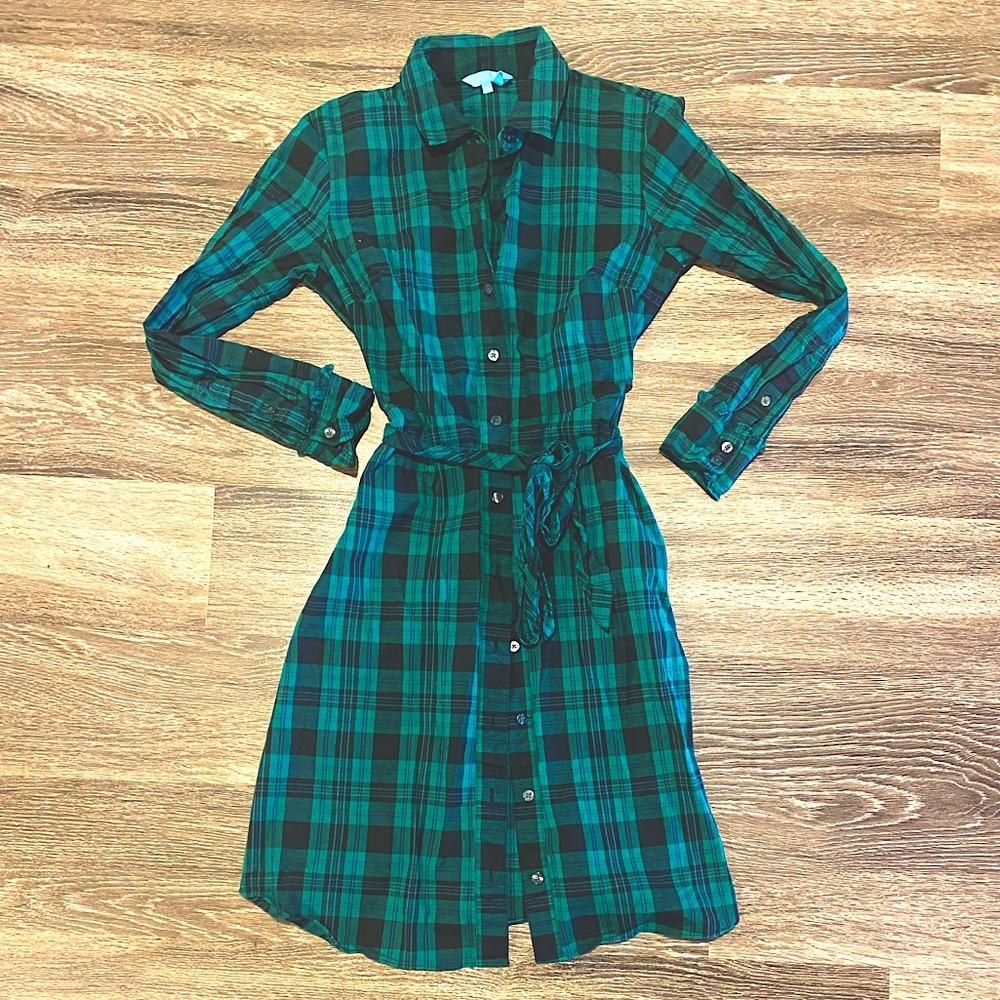 Draper James Plaid Carly Shirtdress Green Button Up Belted Ruffle
